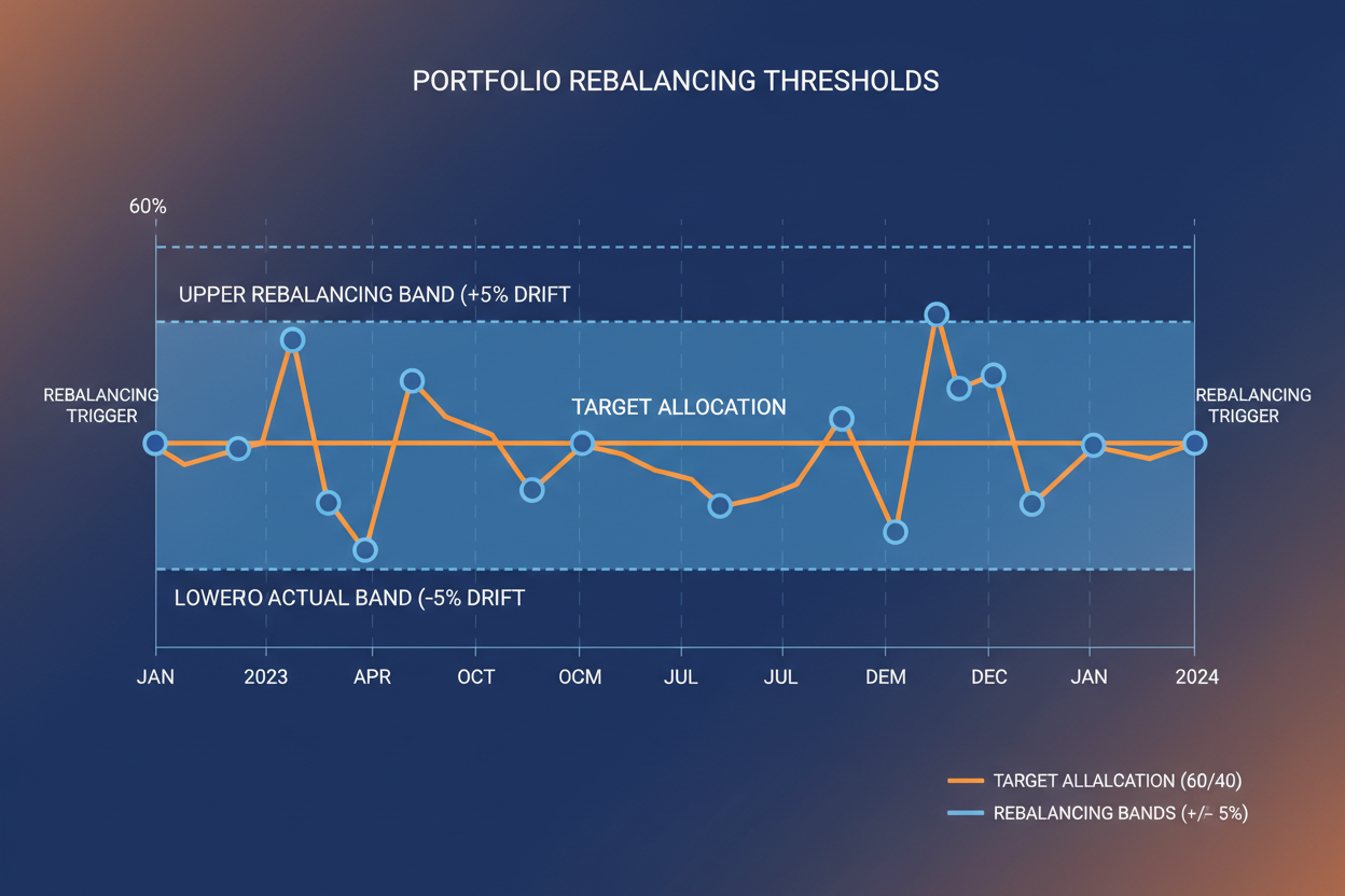 Rebalancing threshold bands plotted around 60/40 target with 5% drift triggers