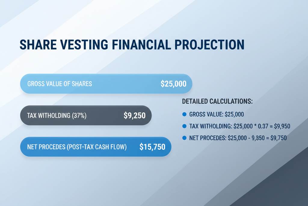 Post-tax cash flow projection from 25K share vesting after 37% combined tax rate