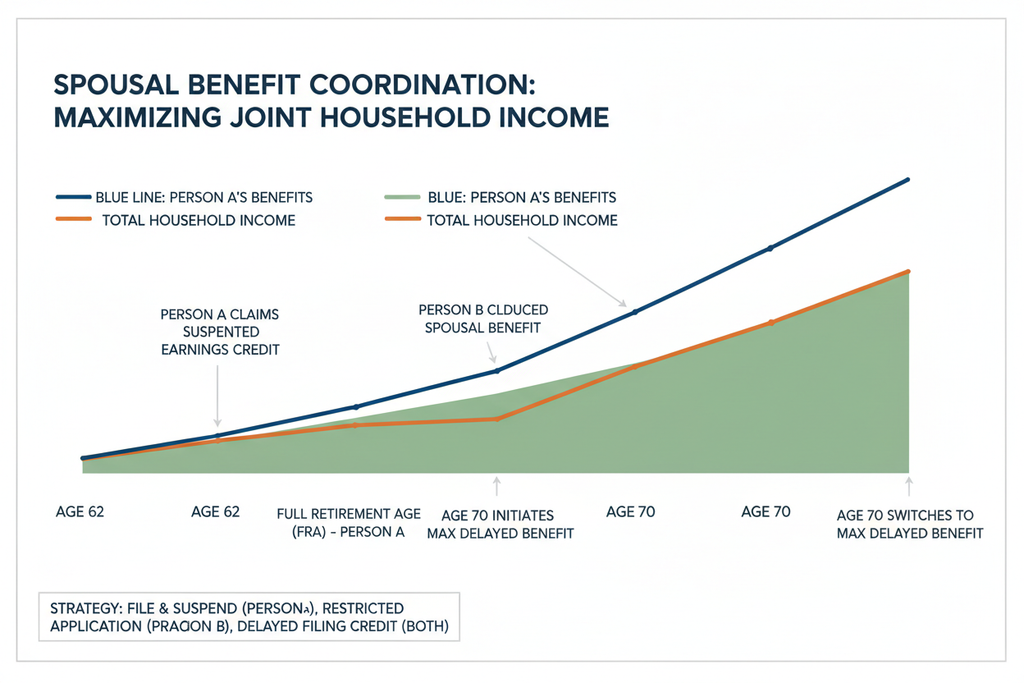 Spousal benefit coordination timeline maximizing joint household income streams