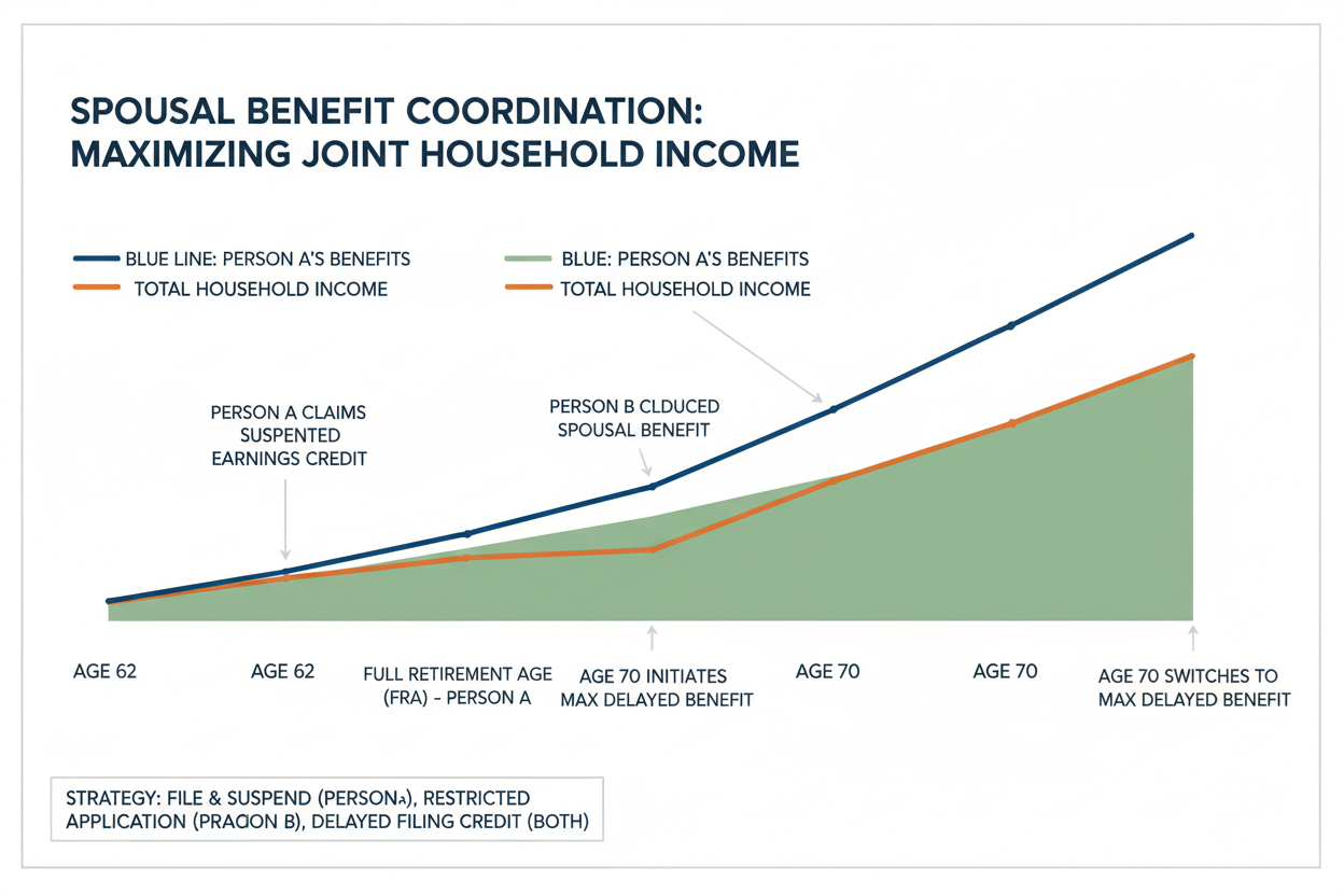 Spousal benefit coordination timeline maximizing joint household income streams