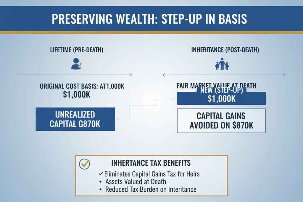 Step-up basis calculation preserving $870K unrealized capital gains transfer