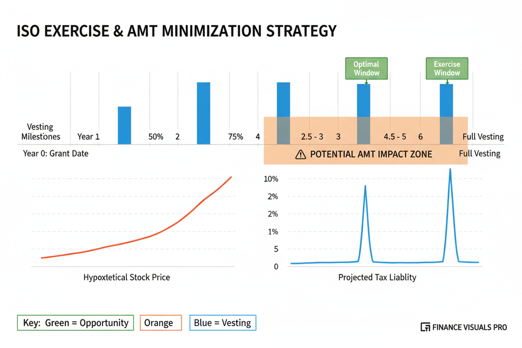 ISO exercise timeline minimizing AMT exposure across 7-year vesting schedule