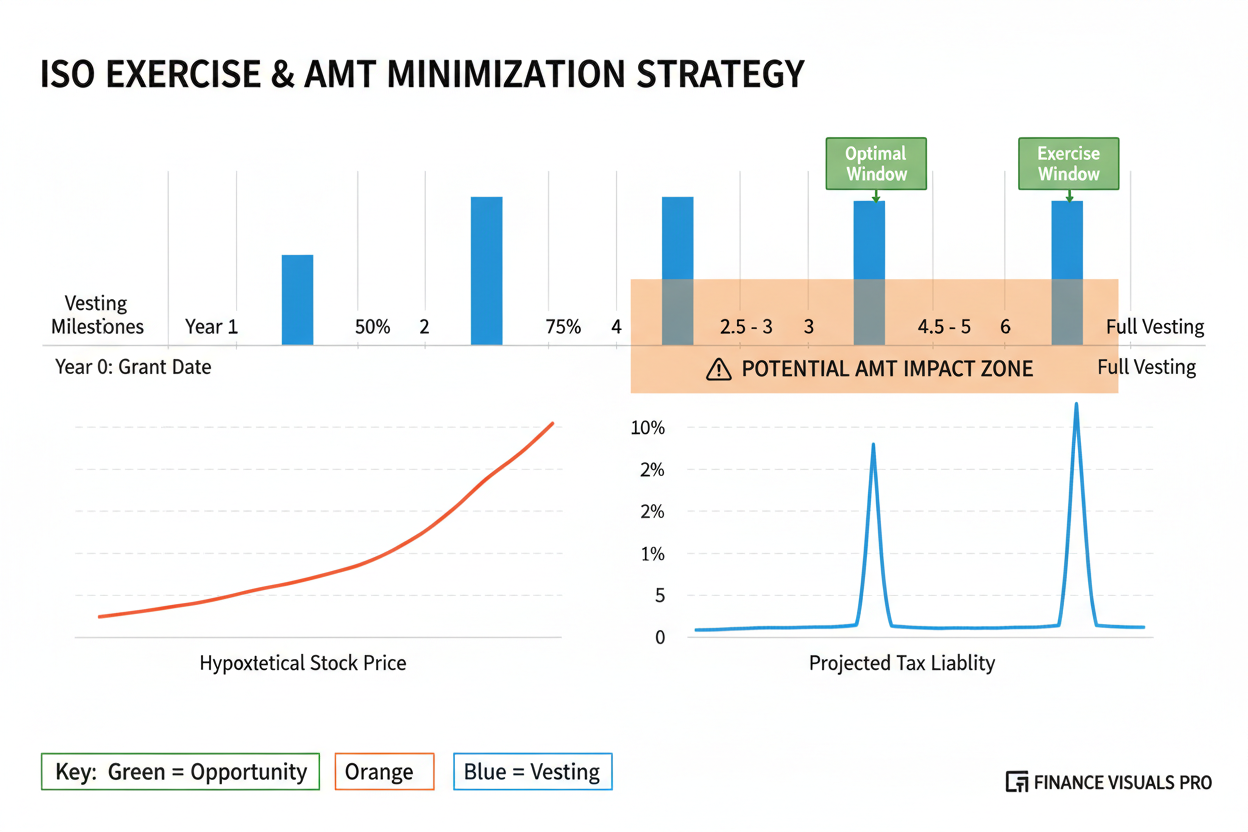 ISO exercise timeline minimizing AMT exposure across 7-year vesting schedule