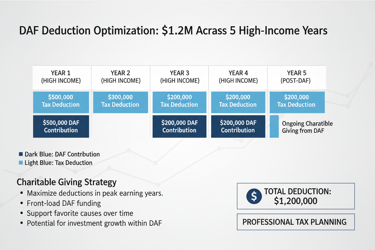 DAF contribution ladder timing $1.2M deduction across 5 high-income years