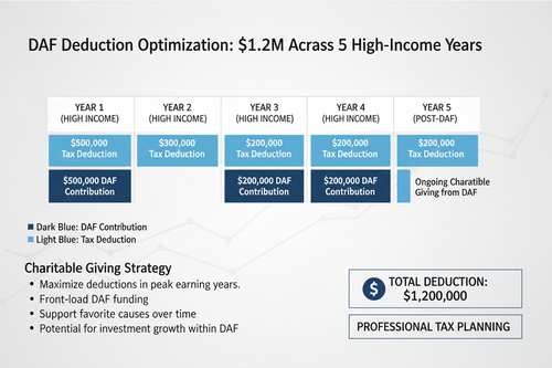 DAF contribution ladder timing $1.2M deduction across 5 high-income years