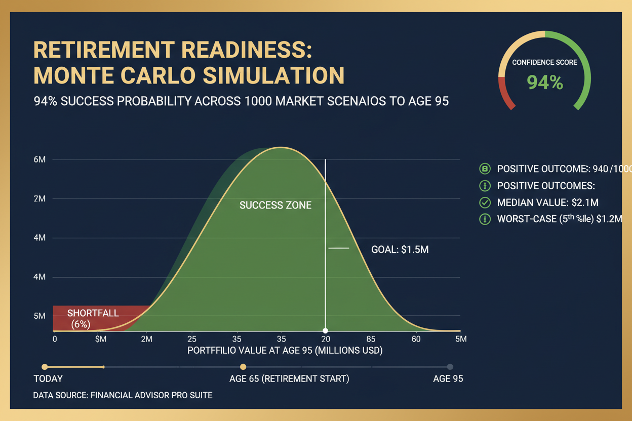 Monte Carlo success probability 94% across 1000 market scenarios to age 95