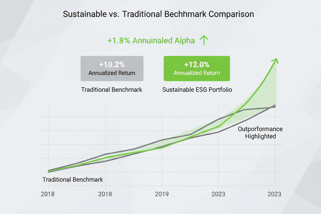 Sustainable vs traditional benchmark comparison chart showing positive alpha