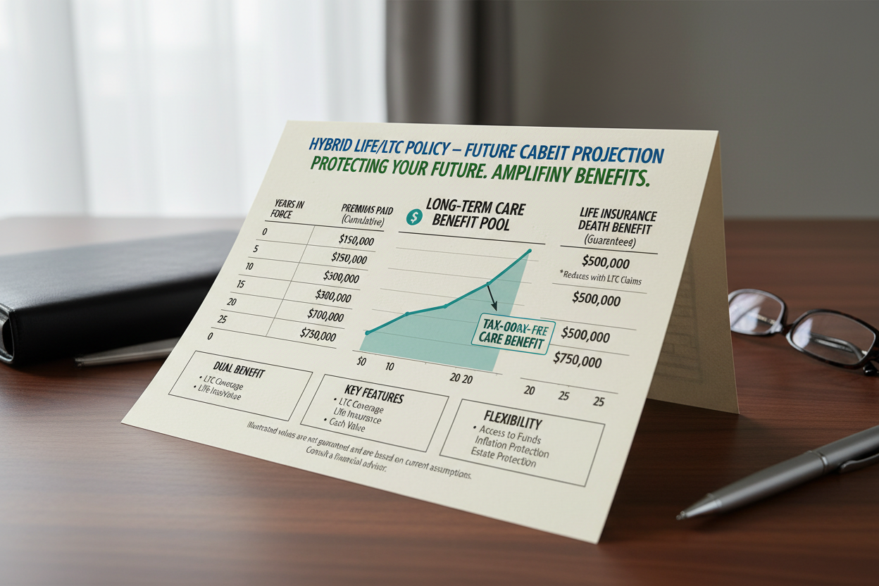 Hybrid life/LTC policy illustration projecting $600K care benefit pool