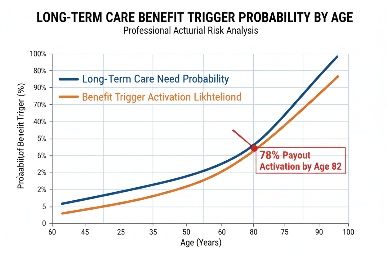 Benefit trigger probability chart showing 78% payout activation by age 82