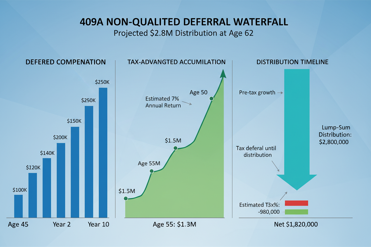 409A non-qualified deferral waterfall projecting $2.8M age 62 distribution