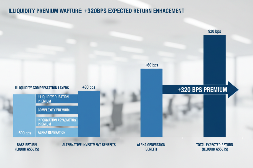 Illiquidity premium waterfall showing +320bps expected return premium capture