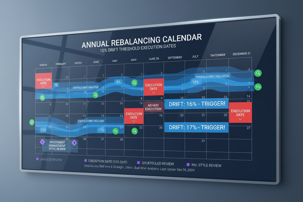 Annual rebalancing calendar blocking 15% drift threshold execution dates