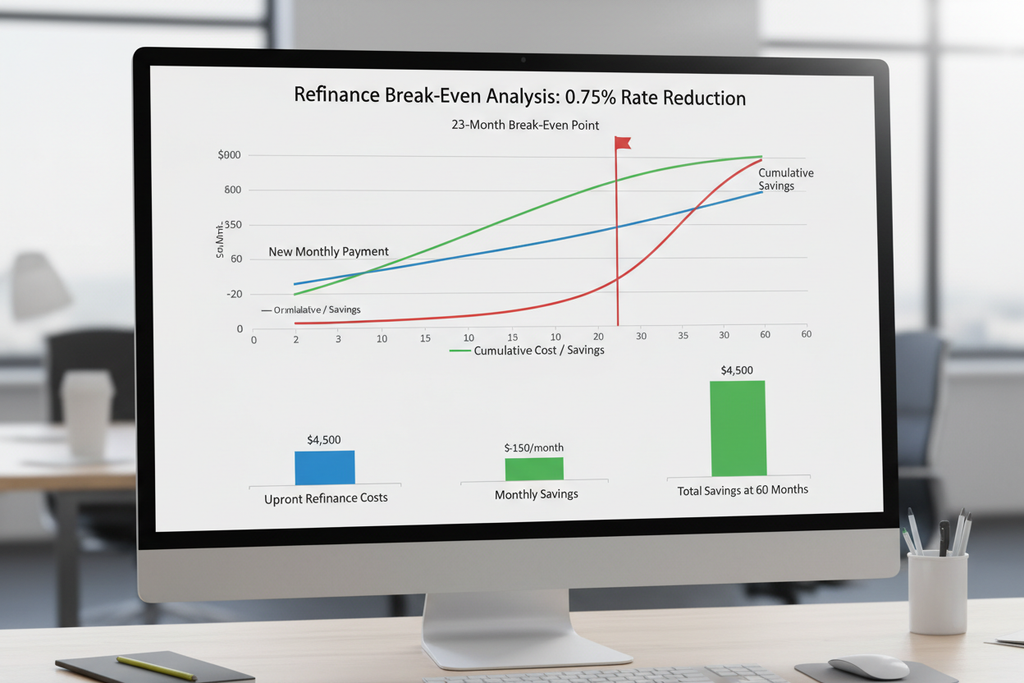 Refinance break-even chart showing 23-month recovery at 0.75% rate reduction