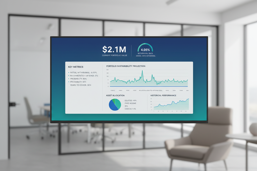 Retirement dashboard projecting $85K annual safe withdrawal from $2.1M portfolio