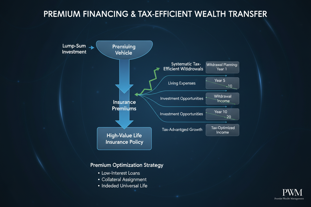 Premium financing waterfall using systematic withdrawal tax-efficiently