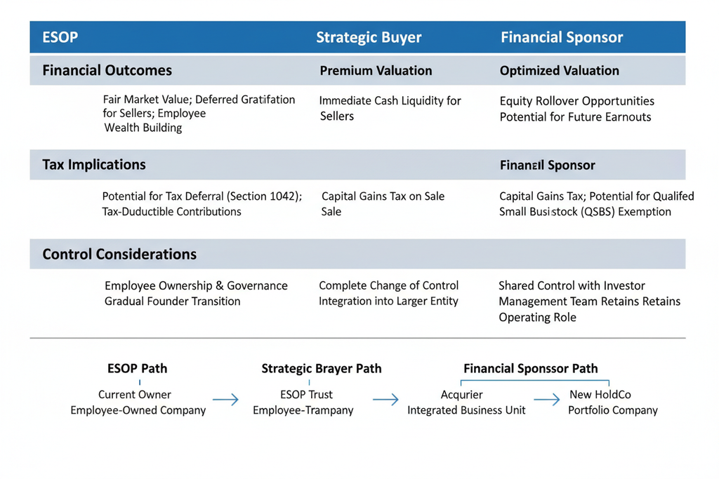 Sale structure comparison: ESOP vs strategic buyer vs financial sponsor outcomes