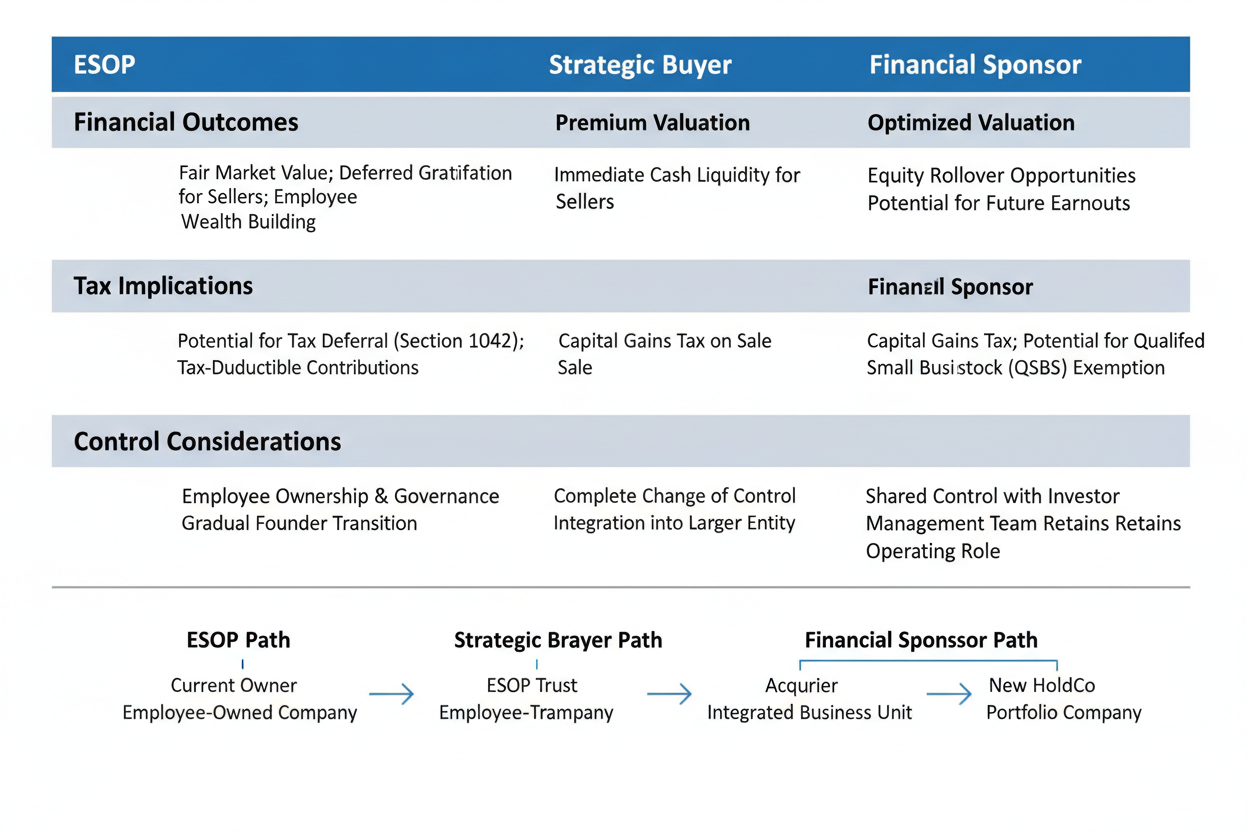 Sale structure comparison: ESOP vs strategic buyer vs financial sponsor outcomes