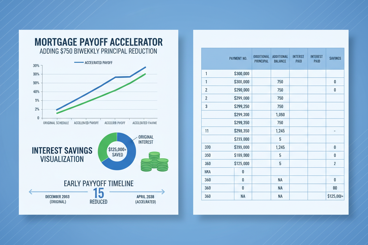Mortgage payoff accelerator adding $750 biweekly principal reduction impact