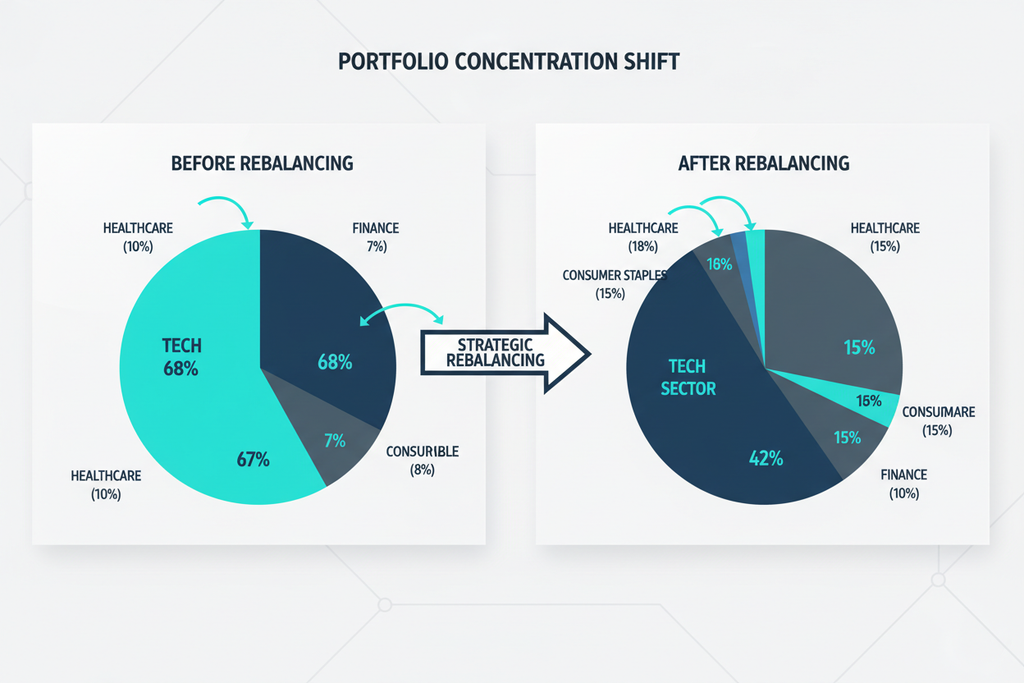 Portfolio concentration pie chart reducing tech exposure from 68% to 42% target