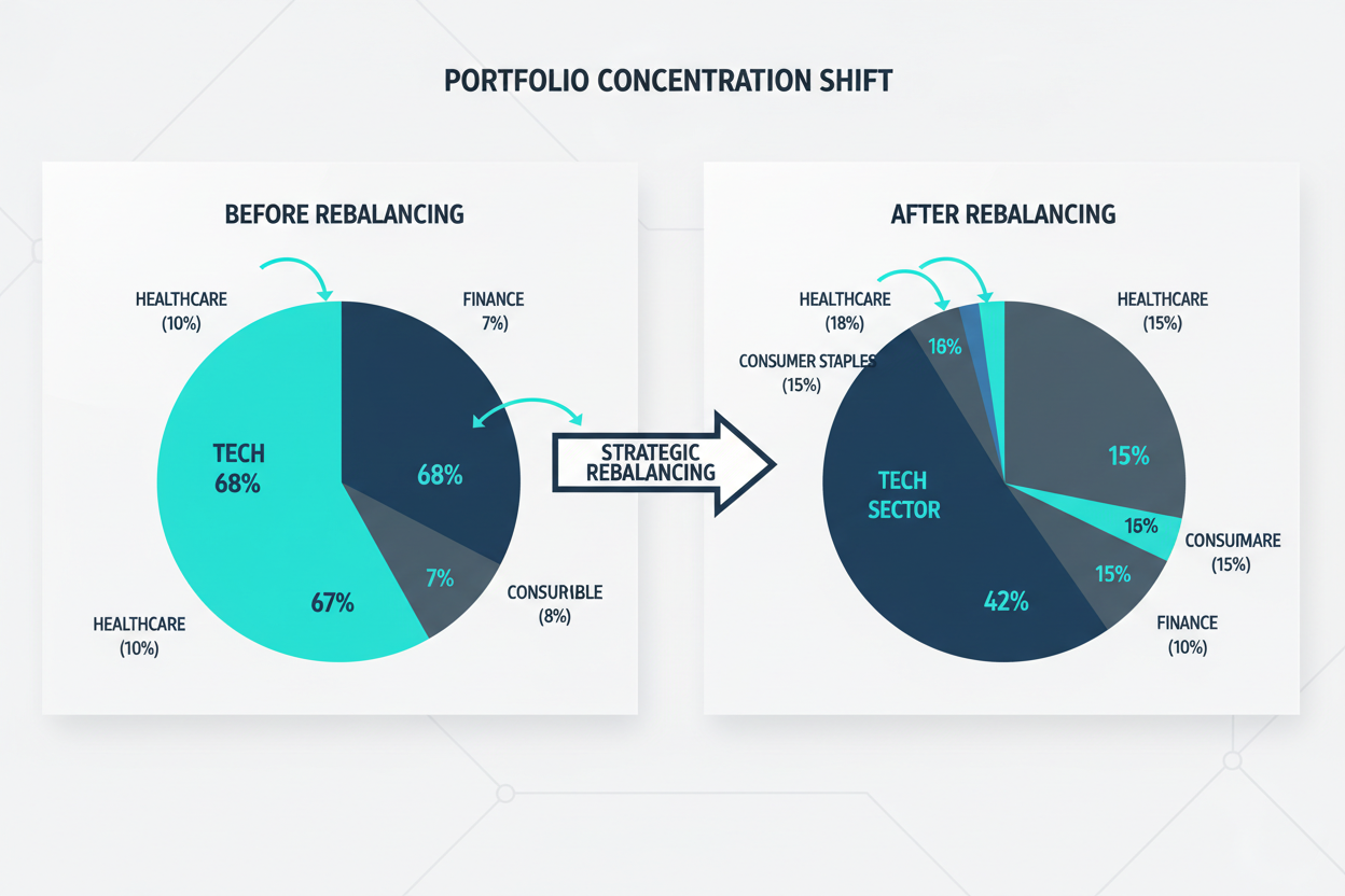Portfolio concentration pie chart reducing tech exposure from 68% to 42% target
