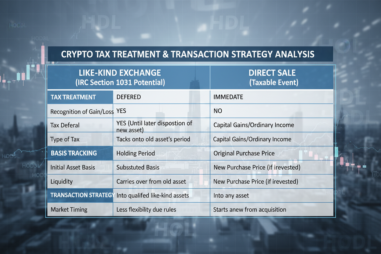 HODL cost basis matrix comparing like-kind exchange vs direct sale outcomes