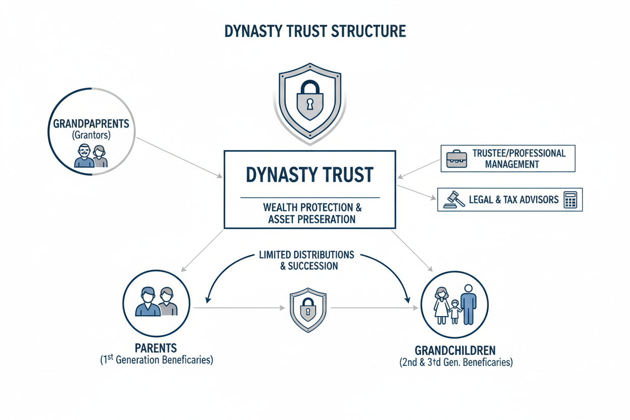 Dynasty trust structure diagram showing 3-generation wealth flow protection