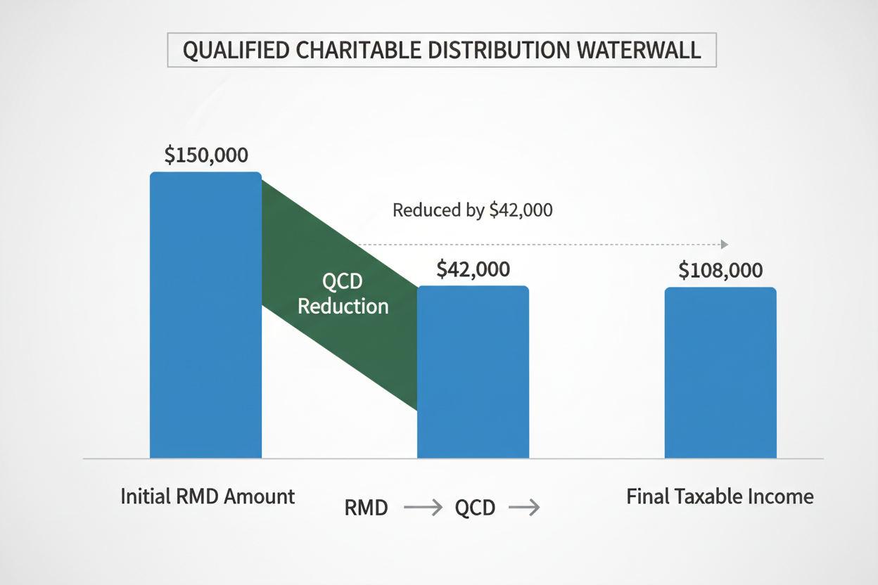 Qualified charitable distribution waterfall reducing RMD taxable income by $42K