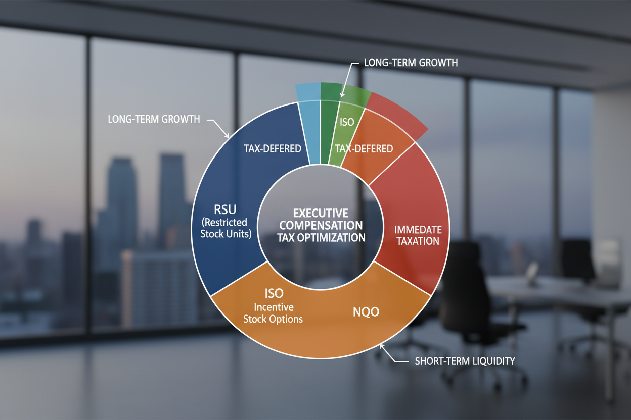 Executive compensation structure pie chart optimizing tax-deferred vs immediate taxation