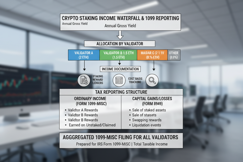 Staking income waterfall allocating 1099 reporting across multiple validators