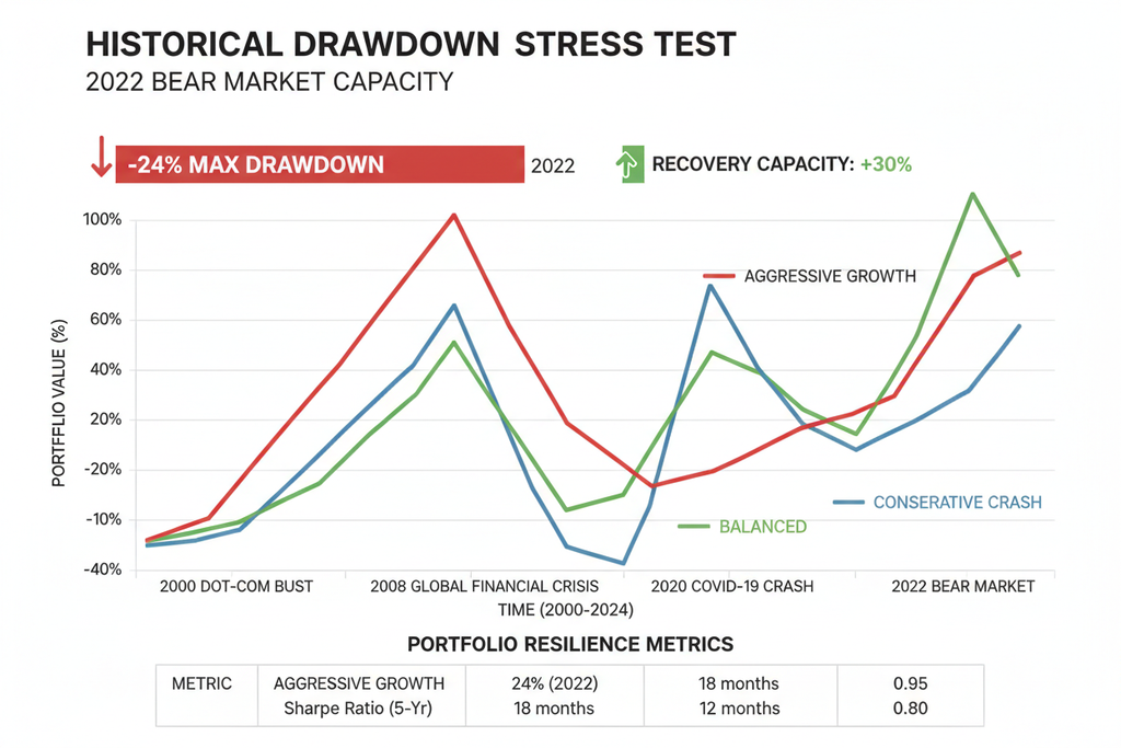 Historical drawdown stress test showing -24% max during 2022 bear market capacity