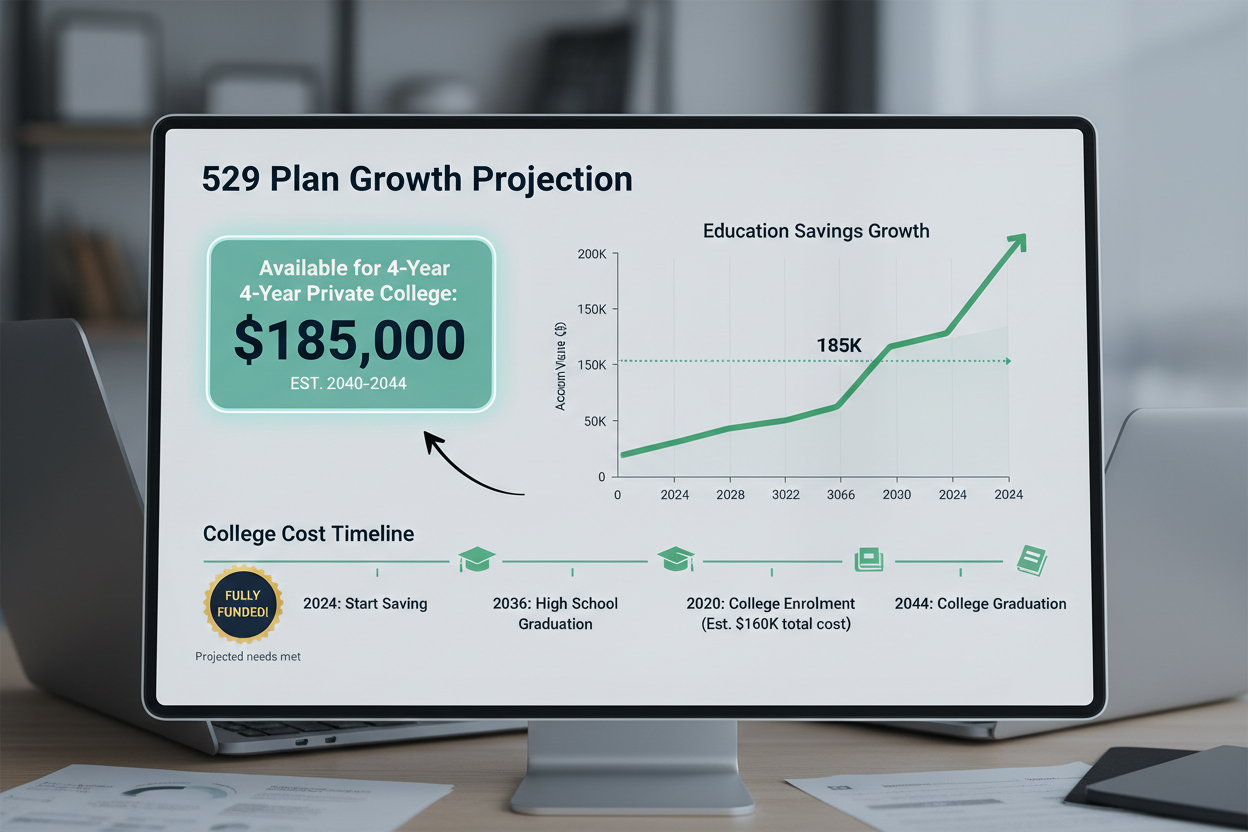529 plan growth projection showing $185K available for 4-year private college