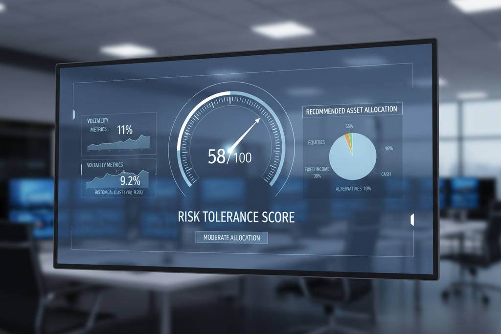 Risk tolerance score 58/100 indicating moderate allocation with 11% volatility target
