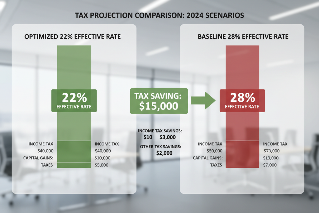 Tax projection comparison showing 22% effective rate vs 28% baseline scenario