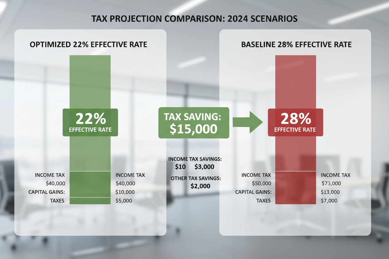 Tax projection comparison showing 22% effective rate vs 28% baseline scenario