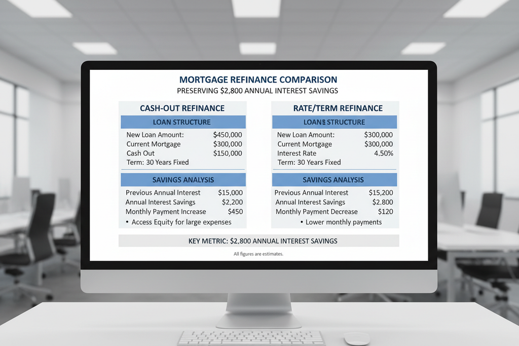 Cash-out vs rate/term comparison preserving $2,800 annual interest savings