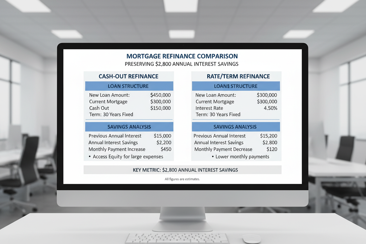 Cash-out vs rate/term comparison preserving $2,800 annual interest savings