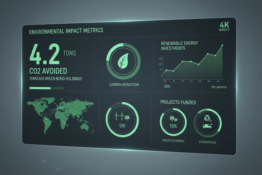 Impact metrics dashboard tracking 4.2 tons CO2 avoided through green bond holdings