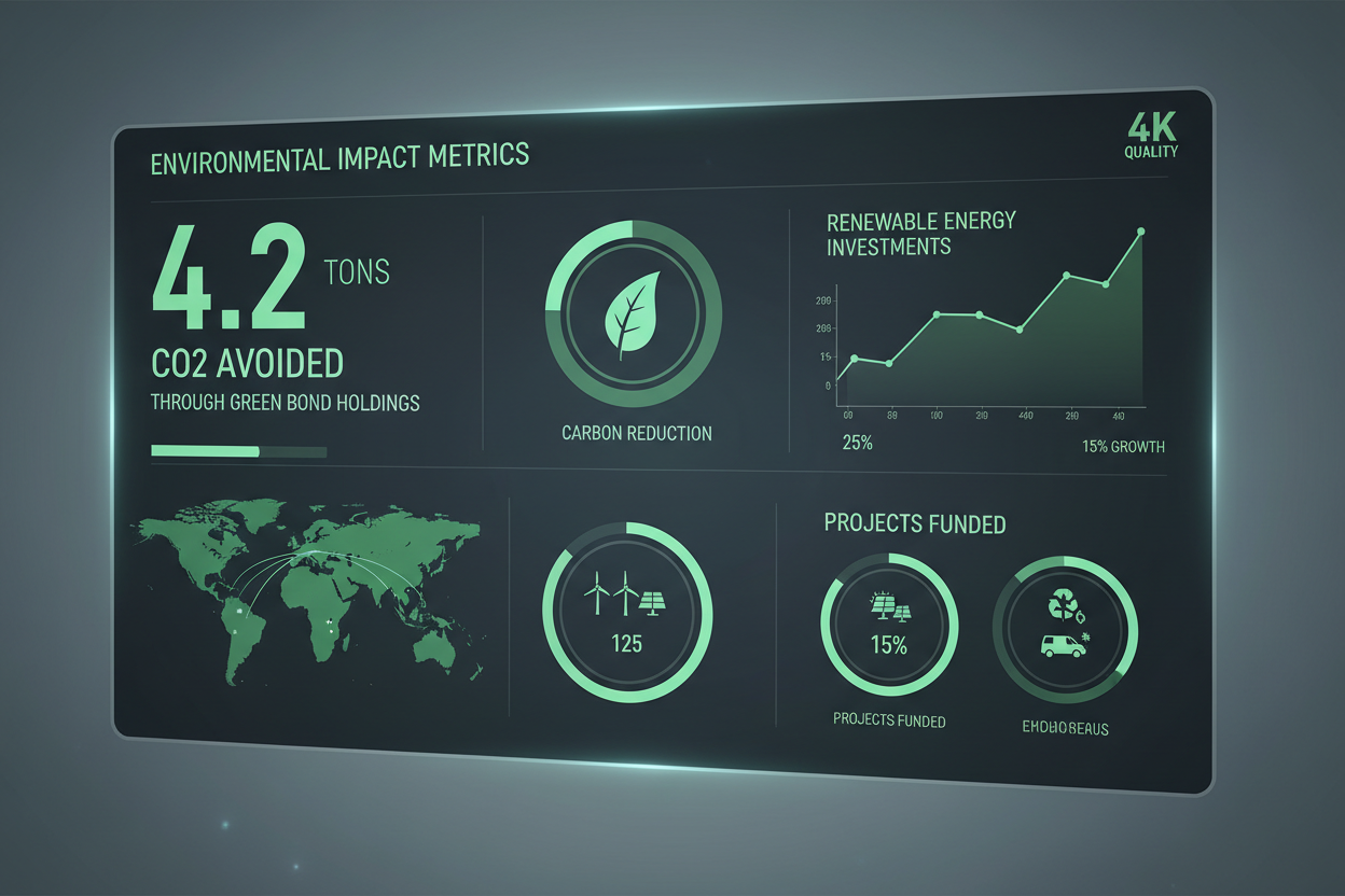 Impact metrics dashboard tracking 4.2 tons CO2 avoided through green bond holdings